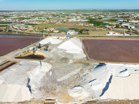 Aerial view of Saline ponds at the Bonanza salt works near Sanl&uacute;car de Barrameda. C&aacute;diz province, Andalusia, Spain.