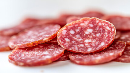 Obraz premium Close-up of thin salami slices, set against a plain white backdrop.