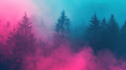 Naklejka premium Vibrant dreamlike forest with pink and blue misty atmosphere