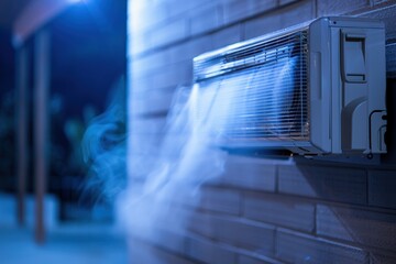 Close-up of modern air conditioner wall unit emitting a cool blue airflow
