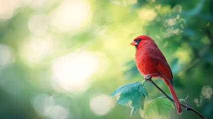  A red bird atop a green branch, nestled in foliage, against a hazy backdrop of leaves