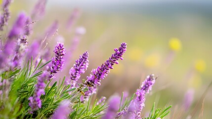 Fototapeta premium A tight shot of various blooms against a backdrop of field grasses and a hazy, indistinct sky
