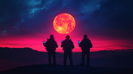 Fototapeta premium Three men are standing on a hill, looking at a red moon