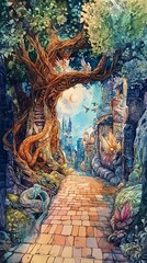 A whimsical worms-eye perspective of a hidden alleyway