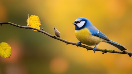 Obraz premium A blue-and-yellow bird perches on a branch, with a smaller bird at its end