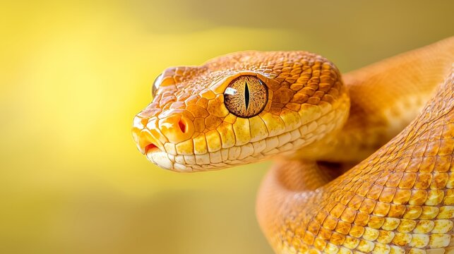  A tight shot of a yellow snake's head against a softly blurred backdrop