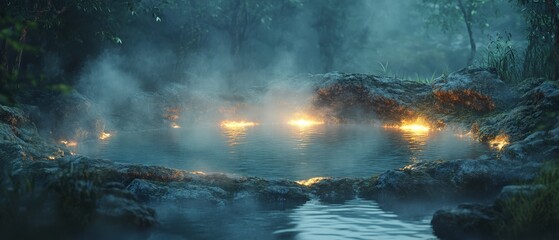 Mystical Forest Pool with Glowing Lights.