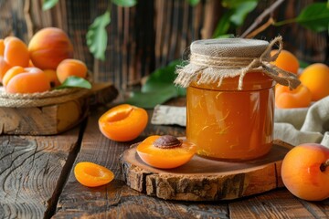 Apricot fruits and jam on wood background