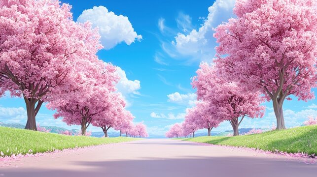 Enchanting Cherry Blossom Wonderland: Anime Style Park Bursting with Vibrant Blooms