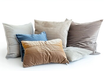 Arrangement of varied soft pillows on white surface