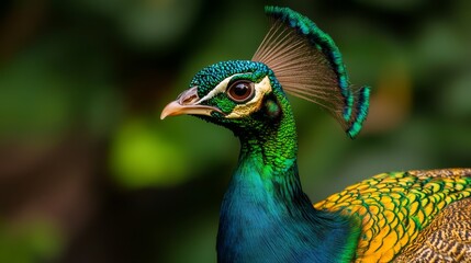 Obraz premium vivid green and yellow feathers adorn its head In the backdrop, a tree stands tall