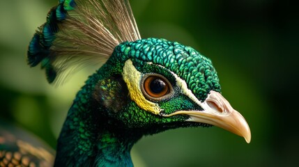 Obraz premium A tight shot of a peacock's head featuring a green and yellow feeder atop it