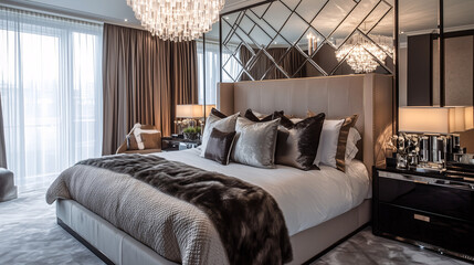 A luxury boutique-inspired bedroom with bold, geometric decor, plush bedding, and a designer chandelier. The space is accented with metallics and mirrored surfaces for a glamorous feel