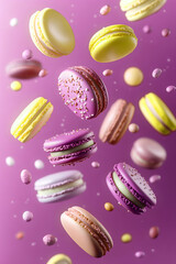 hovering macaroons, bright, violet background, 
