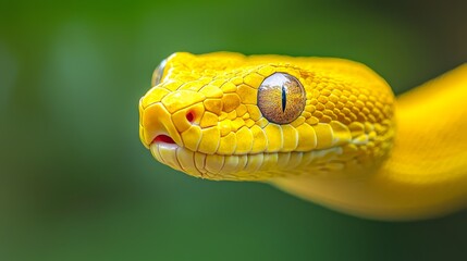 Fototapeta premium A tight shot of a yellow snake's head, eyes fully dilated, amidst a hazy backdrop