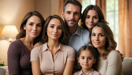 Obraz premium A happy family of six poses together in a cozy living room, showcasing their close bonds and smiling faces. The warm and inviting atmosphere is perfect for highlighting family togetherness and love