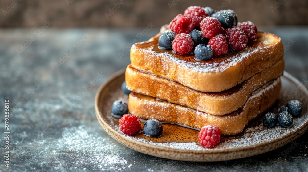 Poster A stack of French toast slices dusted with powdered sugar and topped with fresh berries and a drizzle of maple syrup, served on a rustic ceramic plate.