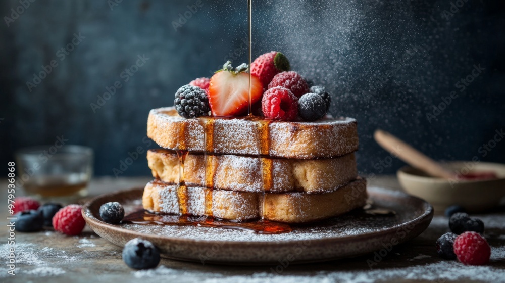 Poster A stack of French toast slices dusted with powdered sugar and topped with fresh berries and a drizzle of maple syrup, served on a rustic ceramic plate.