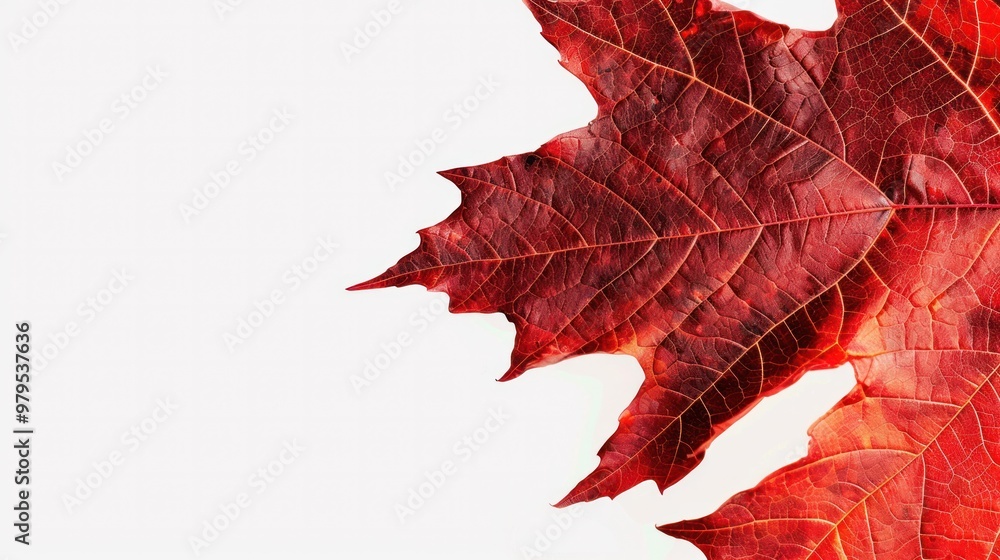 Poster a close-up photorealistic image of a vibrant red maple leaf, its veins and edges sharply defined