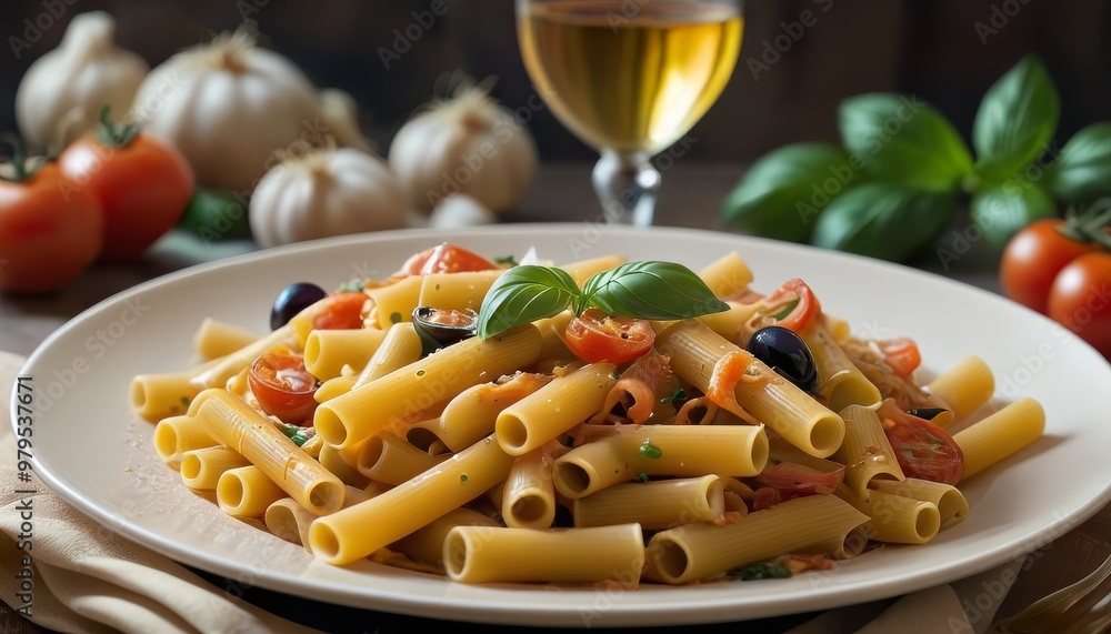 Wall mural a delectable plate of pasta topped with fresh tomatoes, olives, and a garnish of basil, complemented