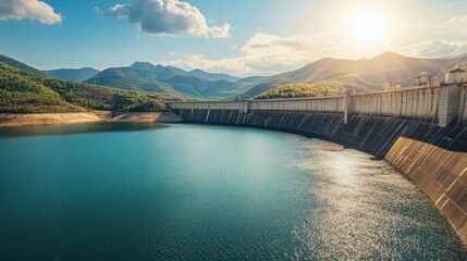 Fototapeta premium A panoramic view of a hydroelectric dam reservoir, with mountains rising in the distance and the water shimmering in the sunlight.