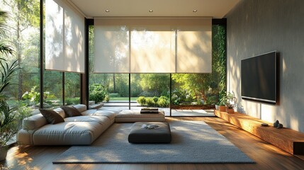 Fototapeta premium A stylish wall-mounted television in a minimalist living room