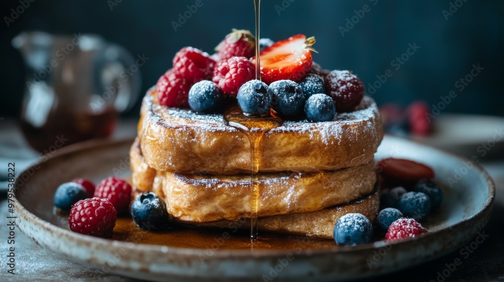 Poster A stack of French toast slices dusted with powdered sugar and topped with fresh berries and a drizzle of maple syrup, served on a rustic ceramic plate.