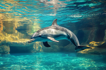 Obraz premium A dolphin swimming gracefully in clear blue water, showcasing its natural habitat.