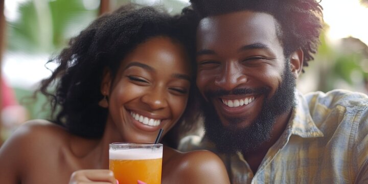 Joyful Couple Sharing a Drink on Vacation - Powered by Adobe