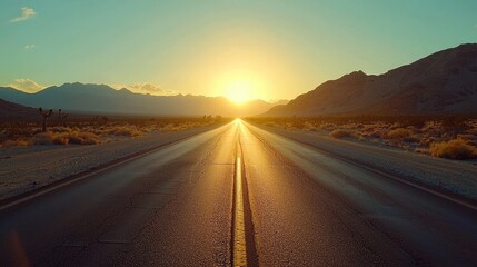 Fototapeta premium A Serene Desert Road Leading Towards a Vibrant Sunset with Majestic Mountains in the Background Creates a Stunning Scene of Peace.