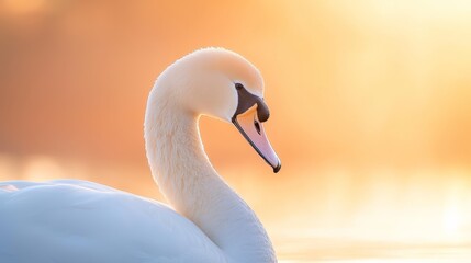 Fototapeta premium A tight shot of a pristine white swan atop a tranquil waterbody, framed against an vivid orange sunset backdrop