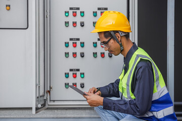 Electrical engineer man using tablet checks switchboard main Distribution Boards control panel electric factory building. Male Industrial technician worker working power distribution room.