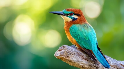 Fototapeta premium A vibrant bird perched atop a tree branch against a backdrop of green and blue hues The surrounding trees softly blur in the distance