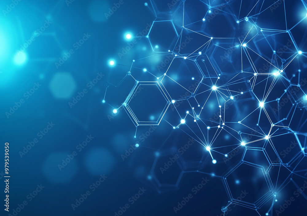 Poster a blue background with a pattern of hexagons and dots.