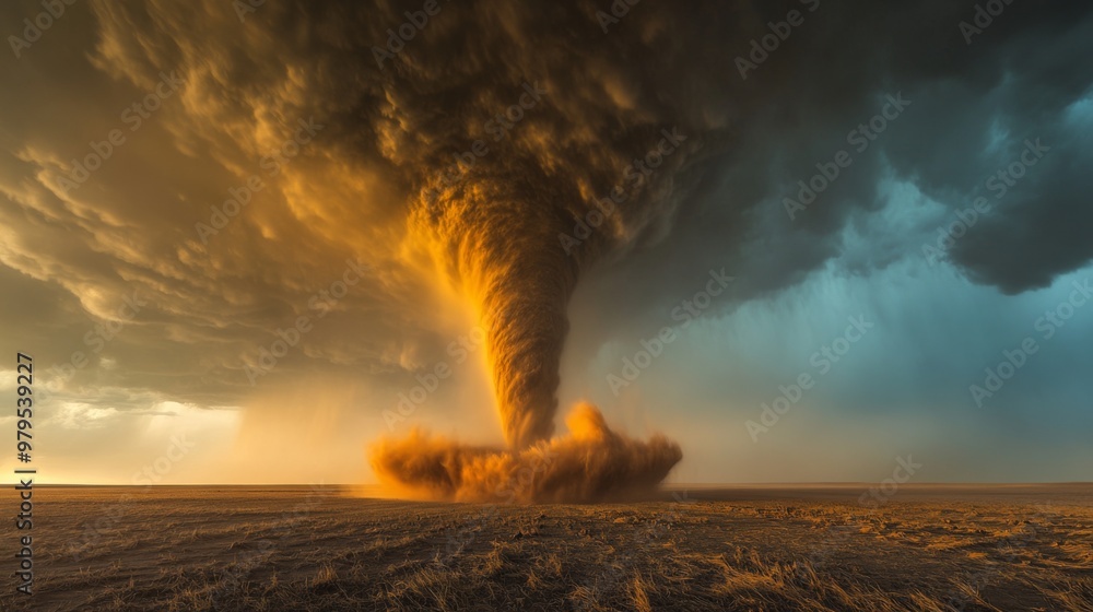 Poster a striking photo of a tornado touching down in a flat landscape, with swirling dust and debris creat
