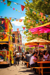 Colorful national hispanic heritage month market street with traditional decorations and people
