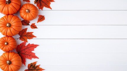 Fototapeta premium A collection of vibrant pumpkins and gourds is arranged with vivid autumn leaves against a rustic white wooden backdrop, capturing the essence of fall harvest