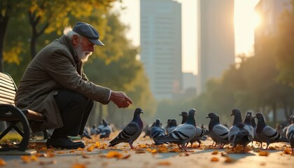 old man feeding birds