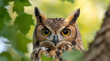 Obraz premium A tight shot of an owl perched on a tree branch, surrounded by a softly blurred backdrop of leaves and another branch