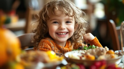 Smiling child surrounded by a colorful feast.