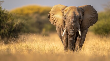 Fototapeta premium An elephant, bearing tusks, traverses a field of towering grasses and trees, dotted with bushes in the background