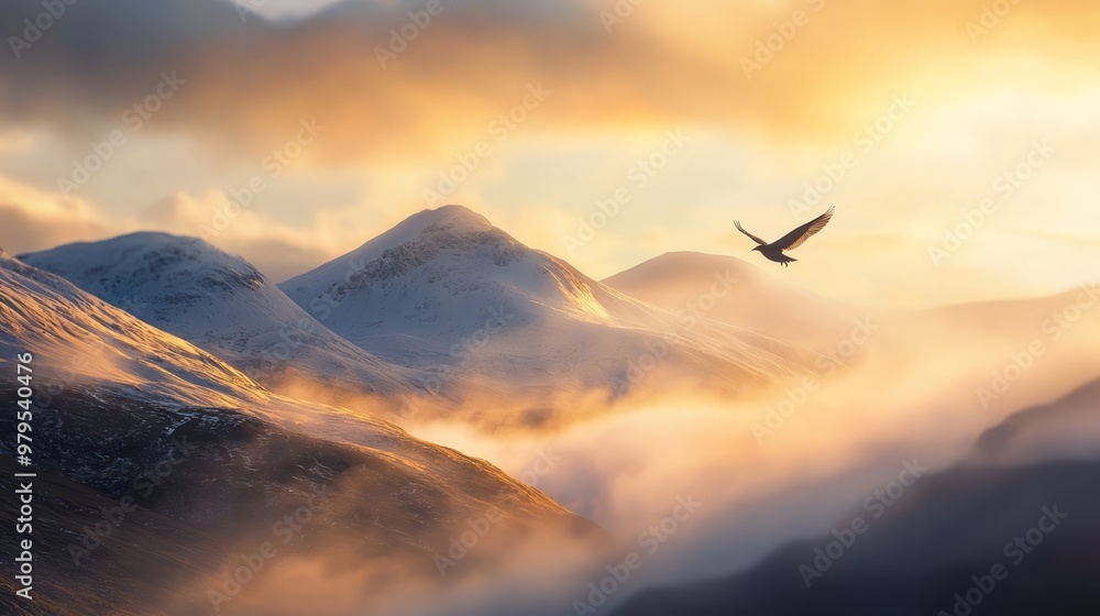 Canvas Prints  A bird soaring above mountain ranges shrouded in fog and smoggy clouds, foreground features a single avian form