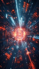 Obraz premium Immersive Digital Corridor: A Futuristic Exploration of Neon Architecture and 3D Technology