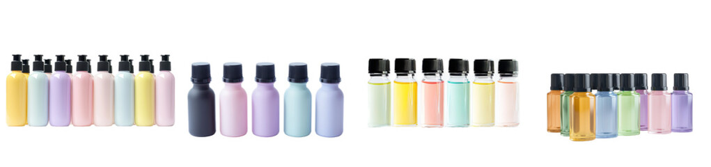 The set includes a dropper dripper application bottle in pastel colours such as yellow, orange, violet, grey, blue, green, beige, pink, purple on transparent.