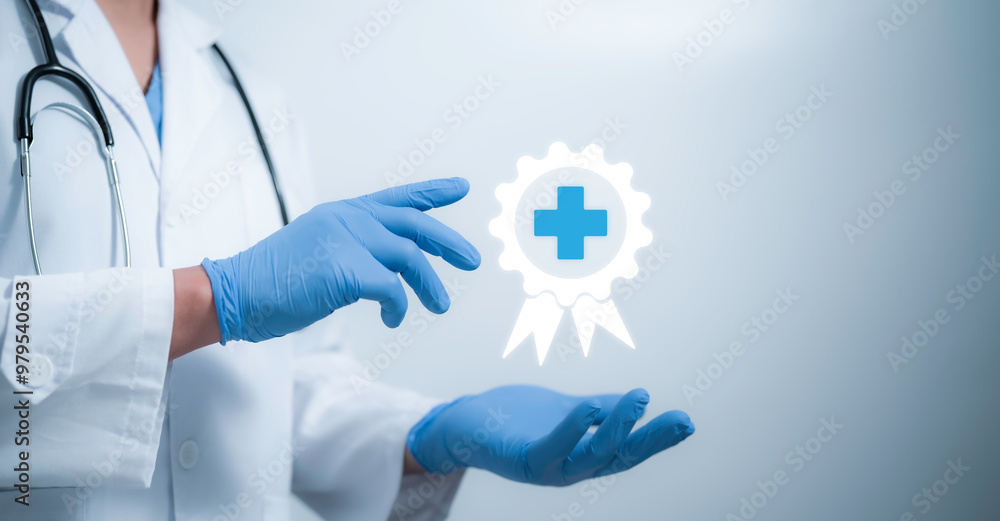 Wall mural a medical worker with virtual quality certificate handling many checklist documents for quality cont