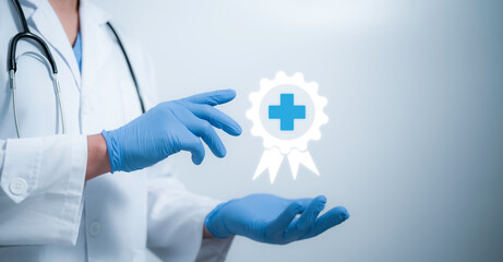 A medical worker with virtual Quality Certificate handling many checklist documents for quality...