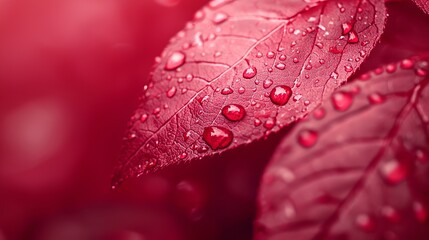 A tight shot of a red leaf, dotted with water droplets, against a blurred background