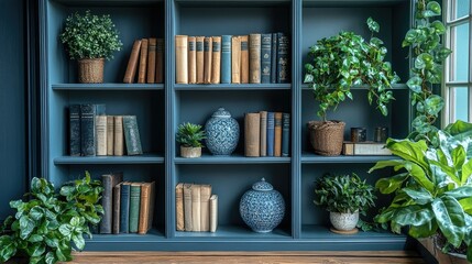 A well-organized bookshelf with decorative items