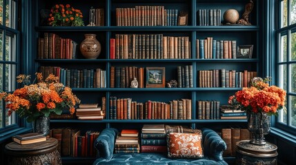 A well-organized bookshelf with decorative items