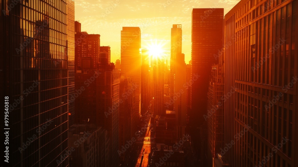 Poster a stunning view of the sun setting between towering skyscrapers, casting a golden glow and long shad